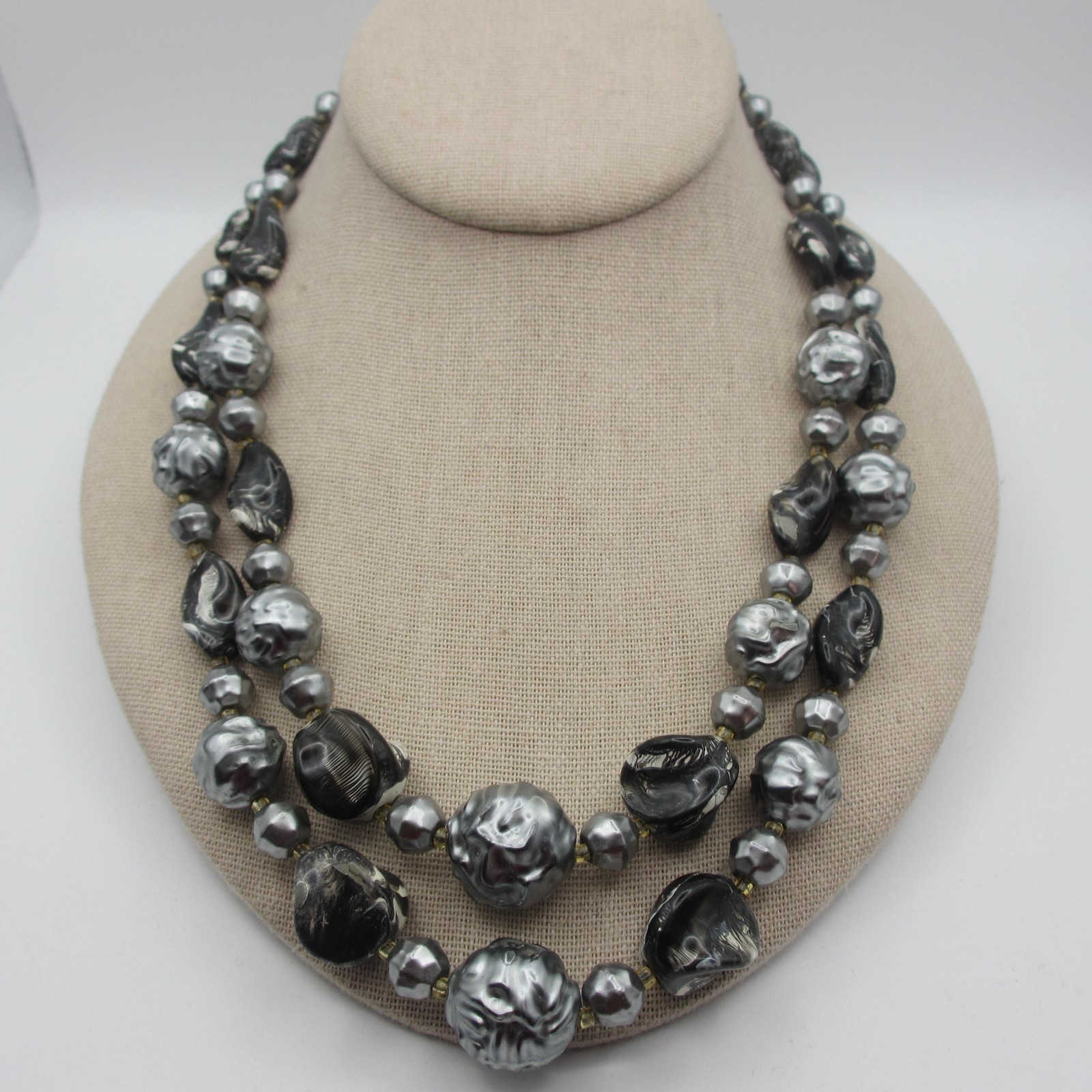 Vintage Hong Kong Necklace Beaded Black Gray Double Strand 23 Inch
