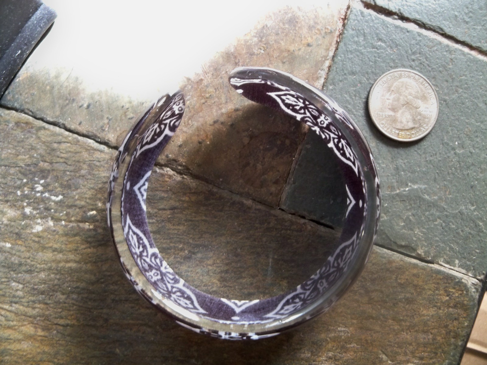 bracelet clear transparent jewelry cuff plastic resin inlay fabric black white