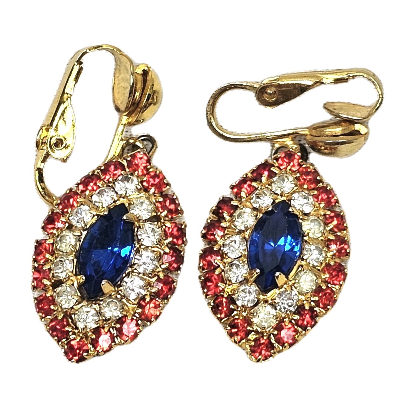 Vintage Patriotic Red White Blue Rhinestone Clip On Earrings | 1.5″ | Gold Tone