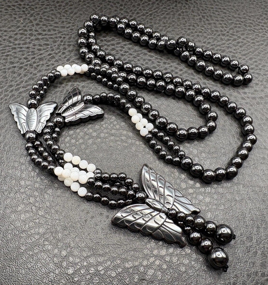 Vintage Butterfly Hematite and Mother of Pearl MOP Beaded Tassel Opera Long 32″