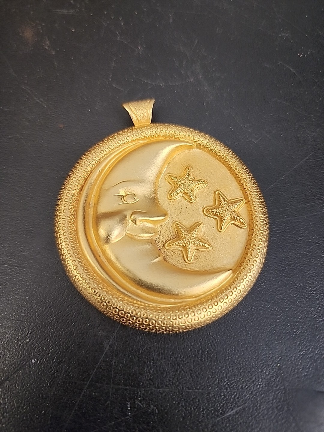 Vintage Gold Tone Satin Finish Crescent Moon Stars Large Medallion Pendant
