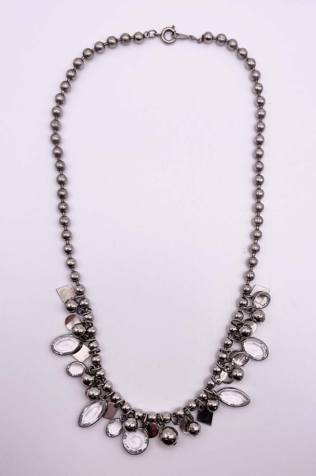 Vintage Silver Tone Ball Bearings Hanging Ball, Shapes & Crystal 16.5” Necklace