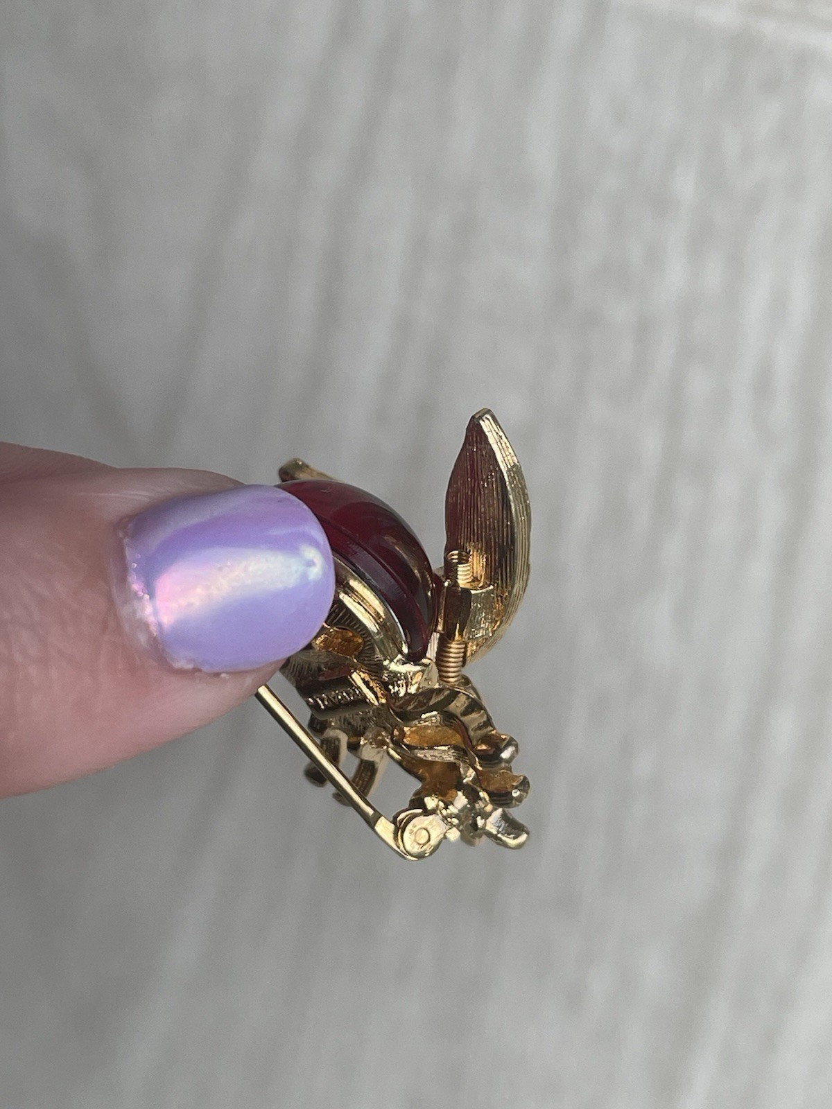 VTG Trifari Red Jelly Belly Trembler Wings Black Rhinestone Bug Bee Pin Brooch