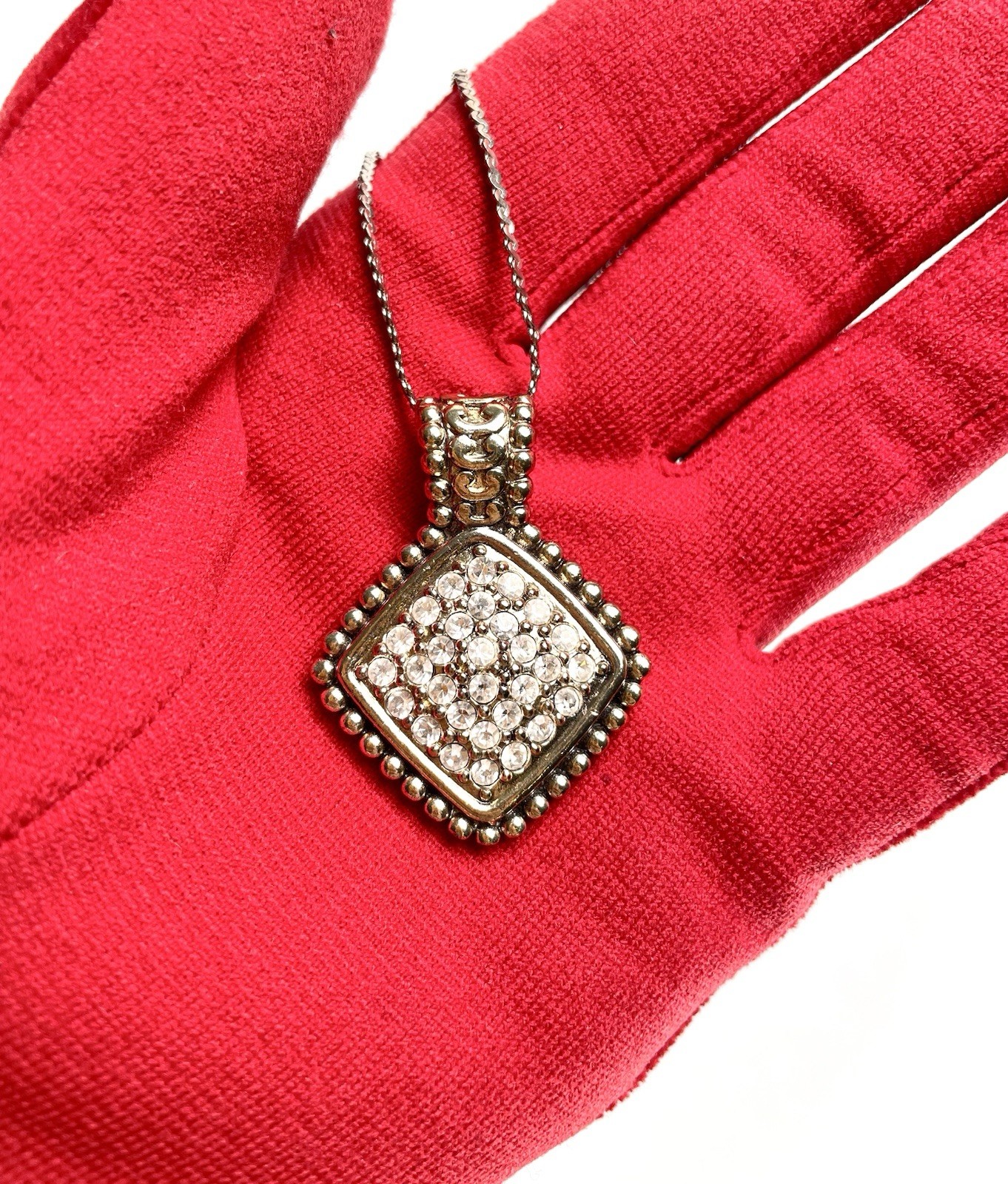 Vintage Roman Necklace Silver Tone Signed & Marked Chain 17” Square Pendant .75”