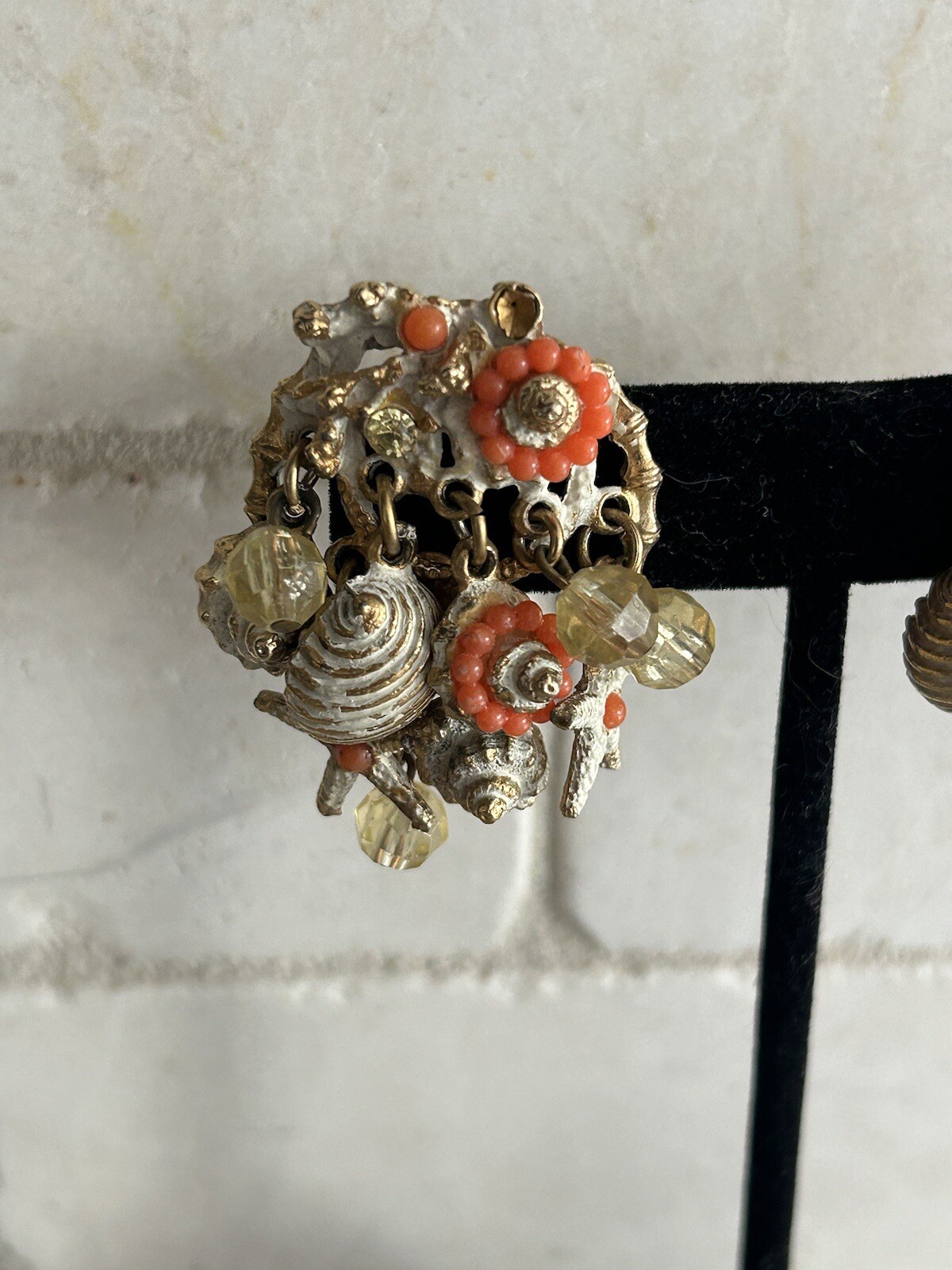Vintage ART Arthur Pepper Clip Earrings Dangle Shells Beach AB Crystals REaD