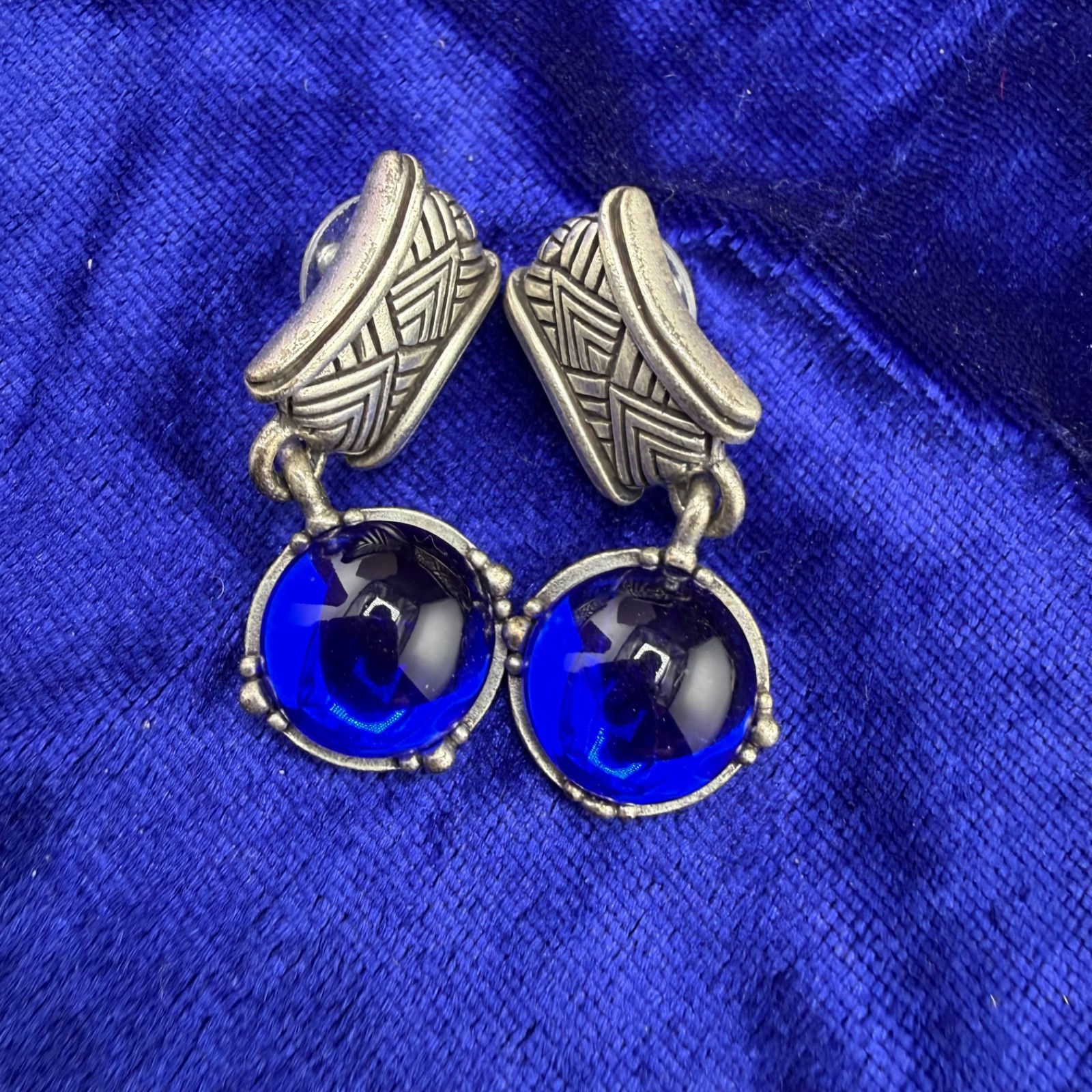 Vintage Bracelet Pierced Earrings Set Silver Tone Blue Glass 6.5”