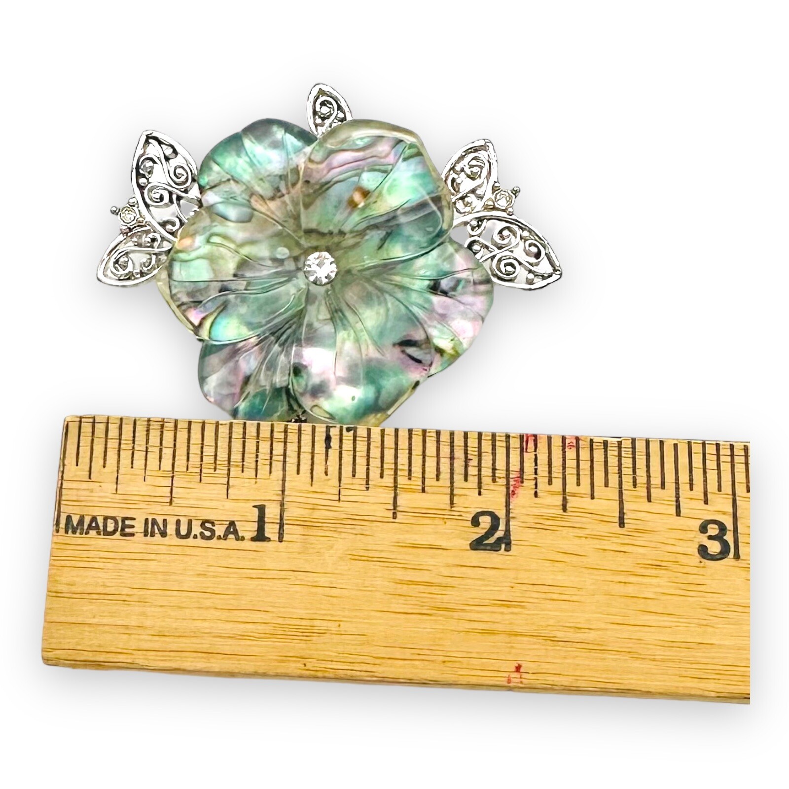 Vintage Lucite Cellulose Acetate Flower Brooch Rhinestones Faux Abalone MCM
