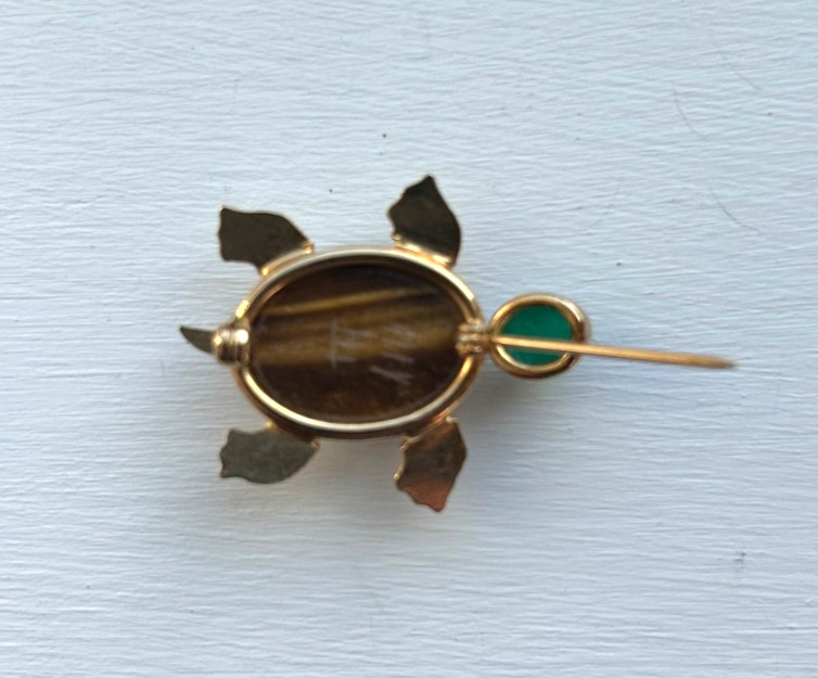 Vintage Tiger’s Eye Scarab Turtle Pin Brooch with Green Stone Head
