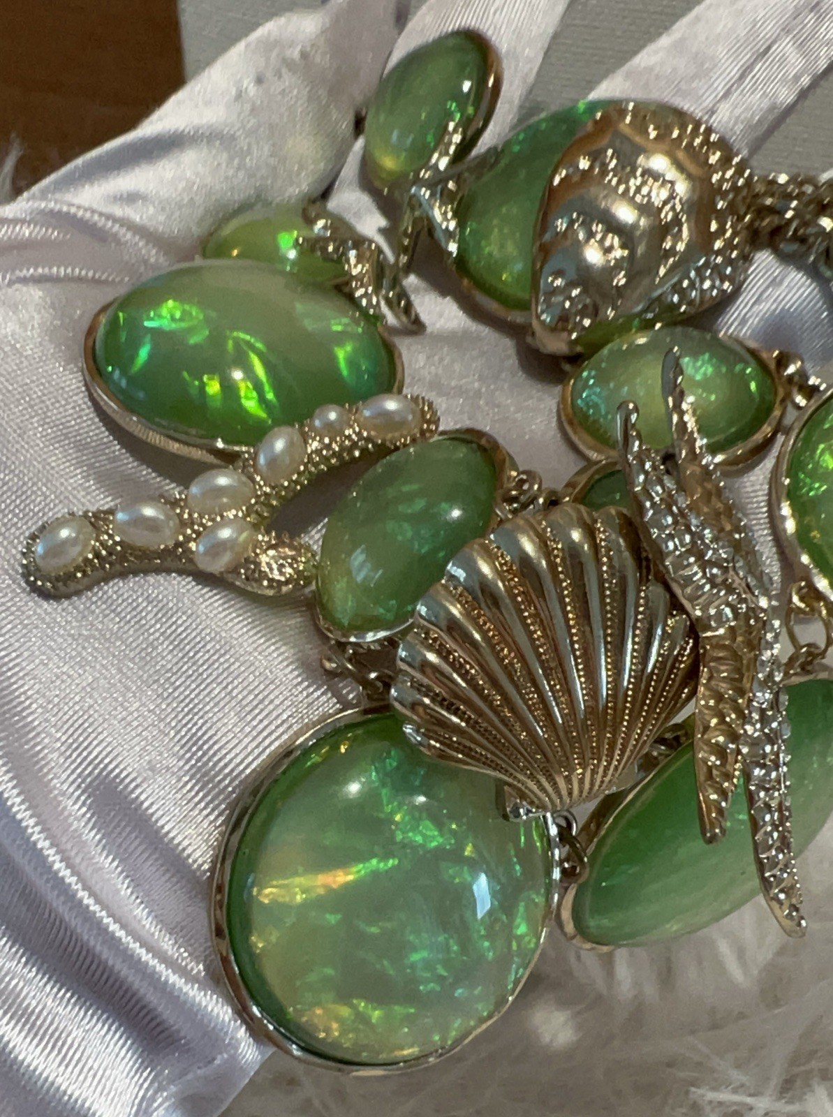 Statement MermaidCore Sea Life Bib Necklace Iridescent Green Sea Opal Starfish