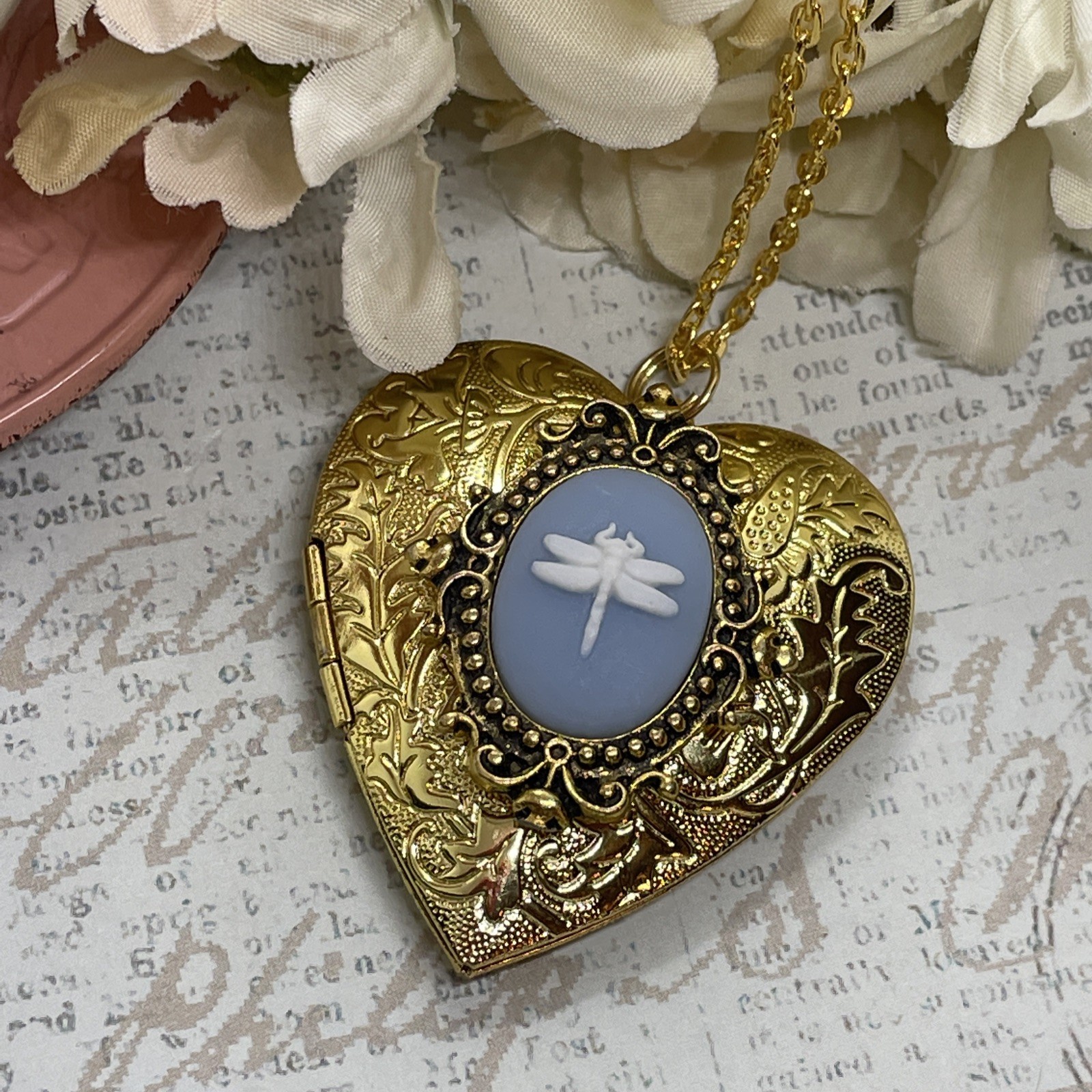 Gold Heart Locket Blue Wht Birthday Anniversary Wedding Dragonfly Cameo Necklace