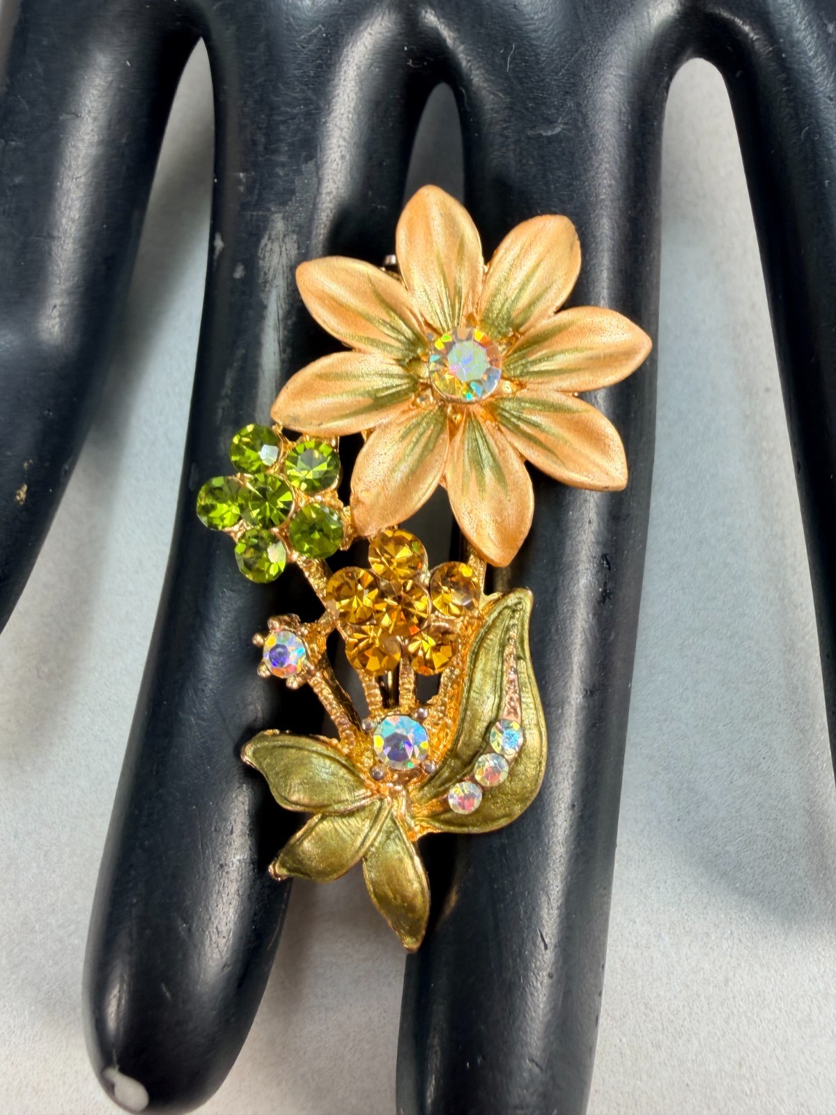 Vintage Floral Rhinestone Brooch Enamel Flower Bouquet Pin AB Crystal