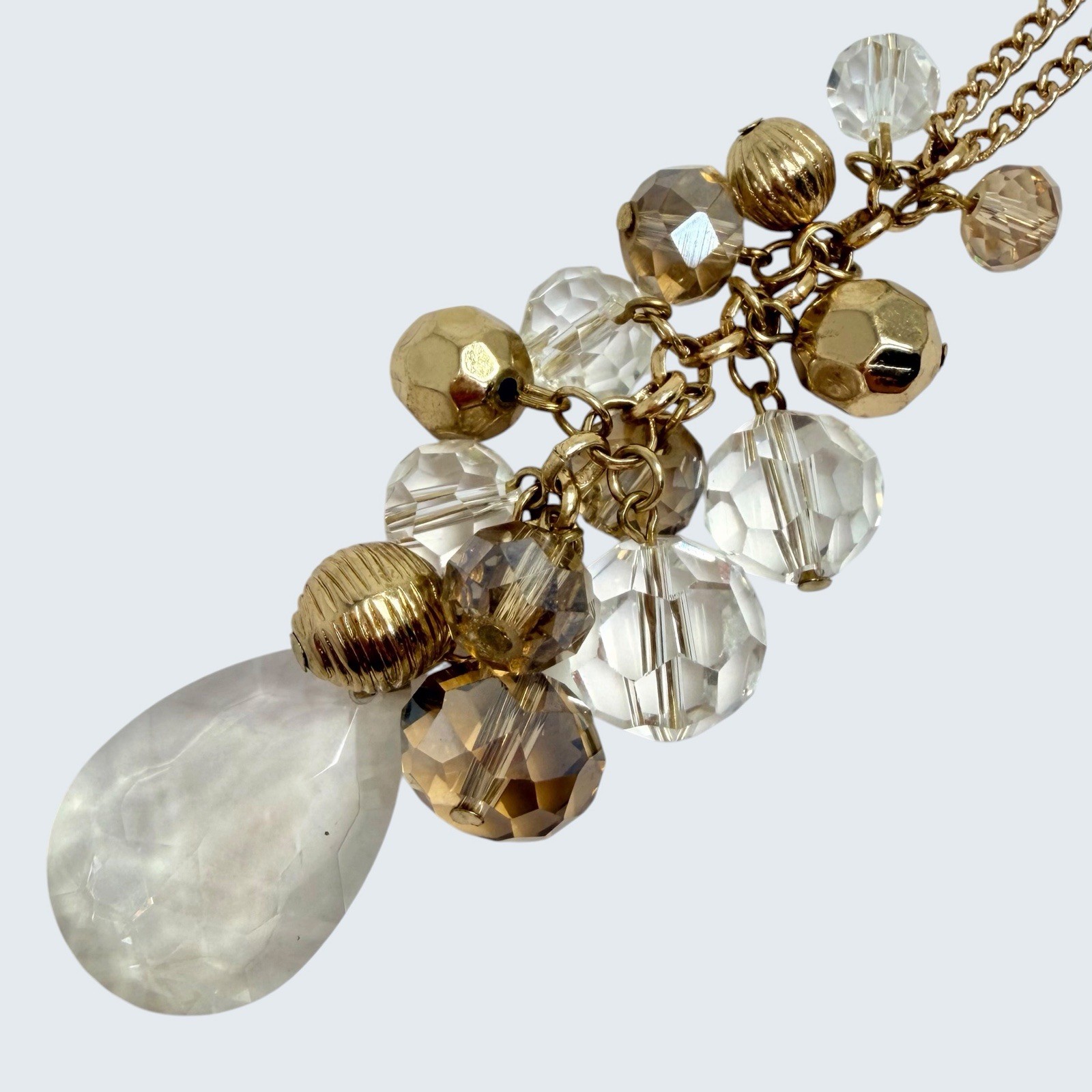 Vtg Clear Acrylic Cluster Gold Tone Beads Teardrop Long Pendant Necklace