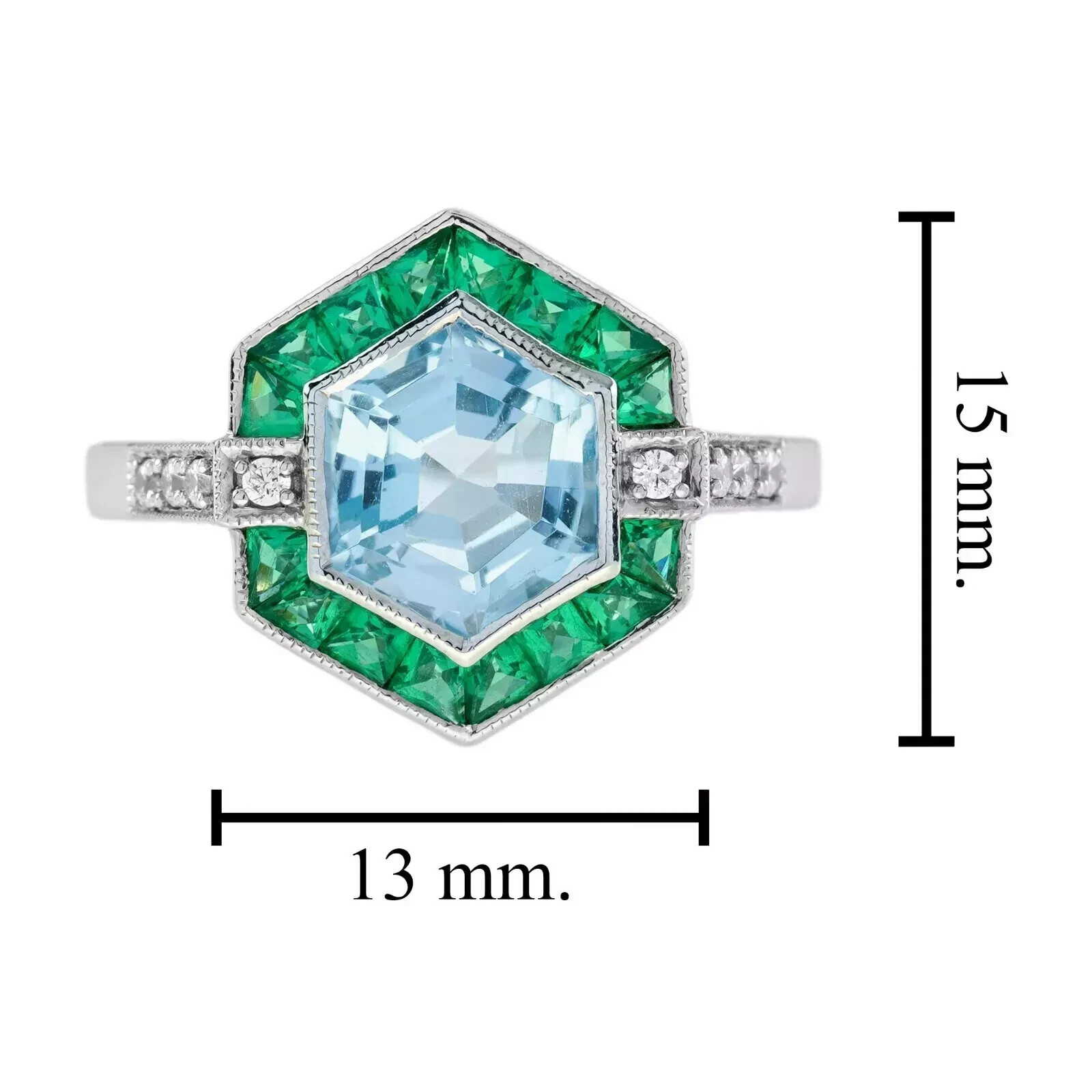 4Ct Art Deco Vintage Aquamarine & Emerald Hexagon 14K White Gold FN Wedding Ring