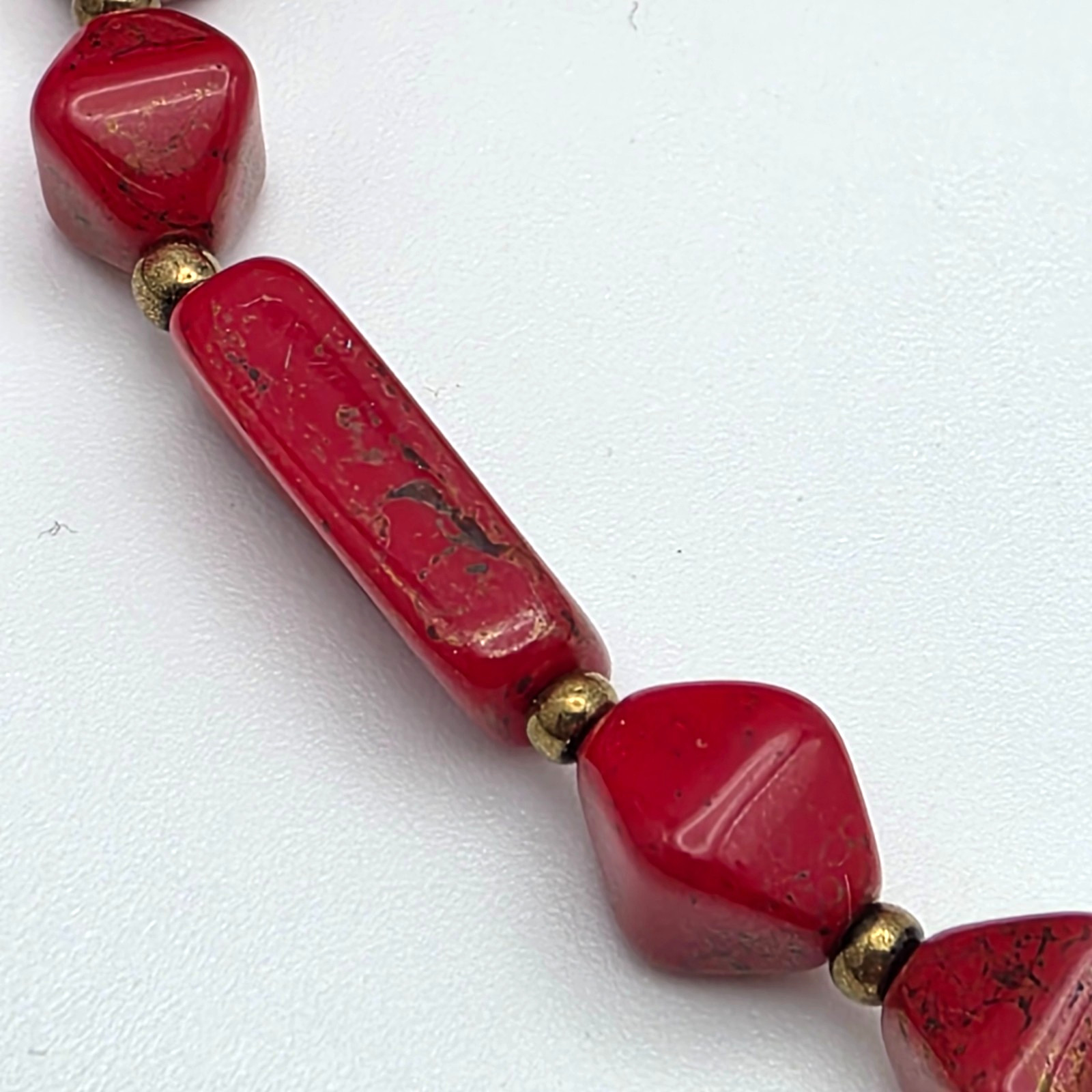 Vintage Red Natural Stone Beaded Necklace 25 in Boho Statement Barrel Handmade