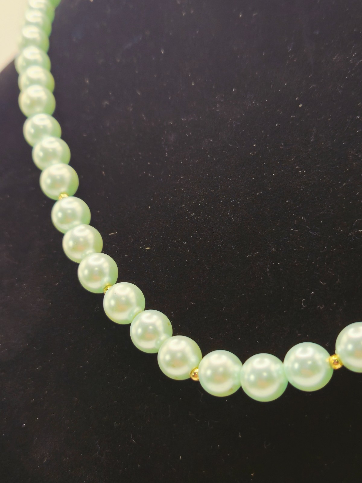 Vintage Mint Green Faux Pearl Necklace Gold Tone Spacers Elegant Costume Jewelry