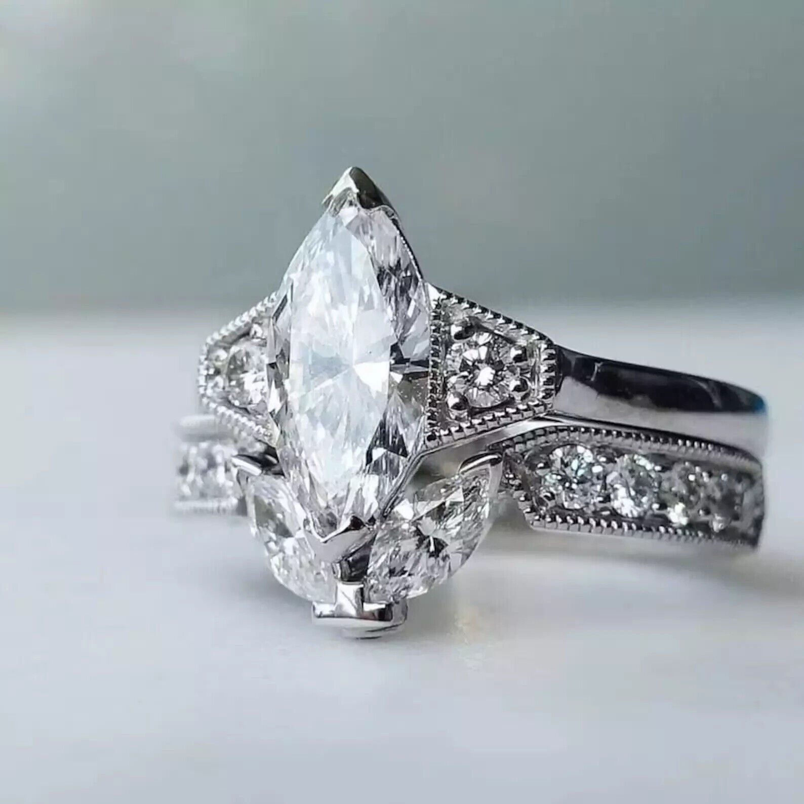 2.0Ct Marquise Lab Created Art Deco Style Engagement 925 Silver Ring Set