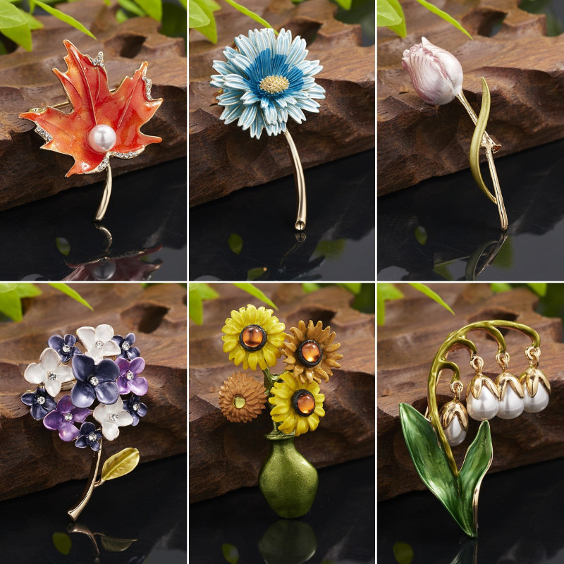 Vintage Plant Brooches For Women Elegant Flower Enamel Pin Pearl Jewelry Gift