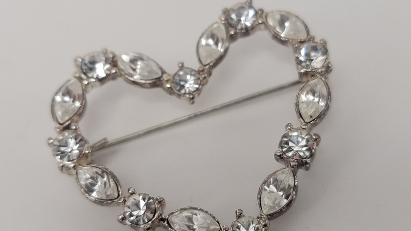 Navette & Round Rhinestones Heart Shaped Brooch Pin Silver Tone