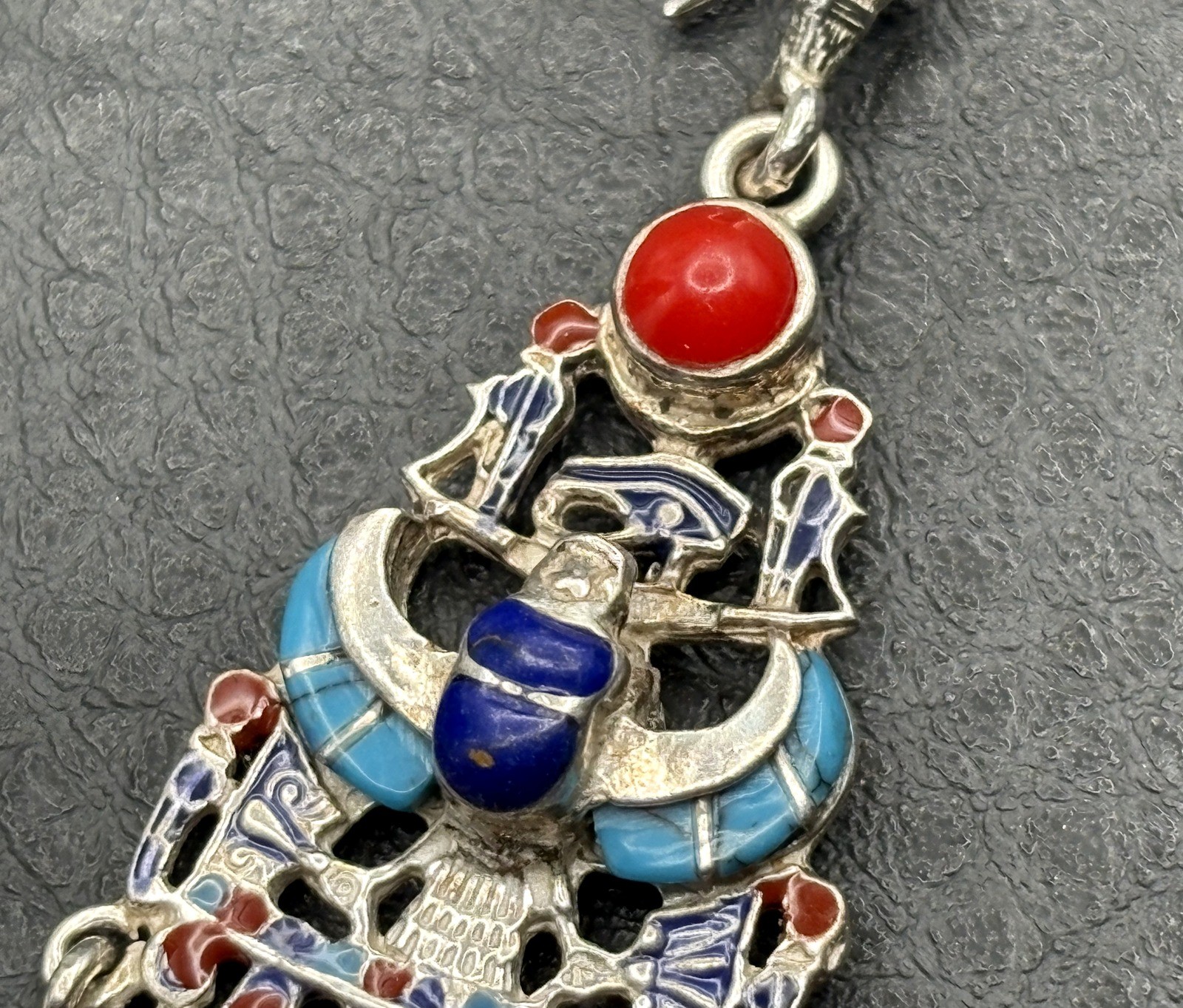 Sterling Silver Egyptian Revival Enamel Chandelier Earrings Scarab Hieroglyph