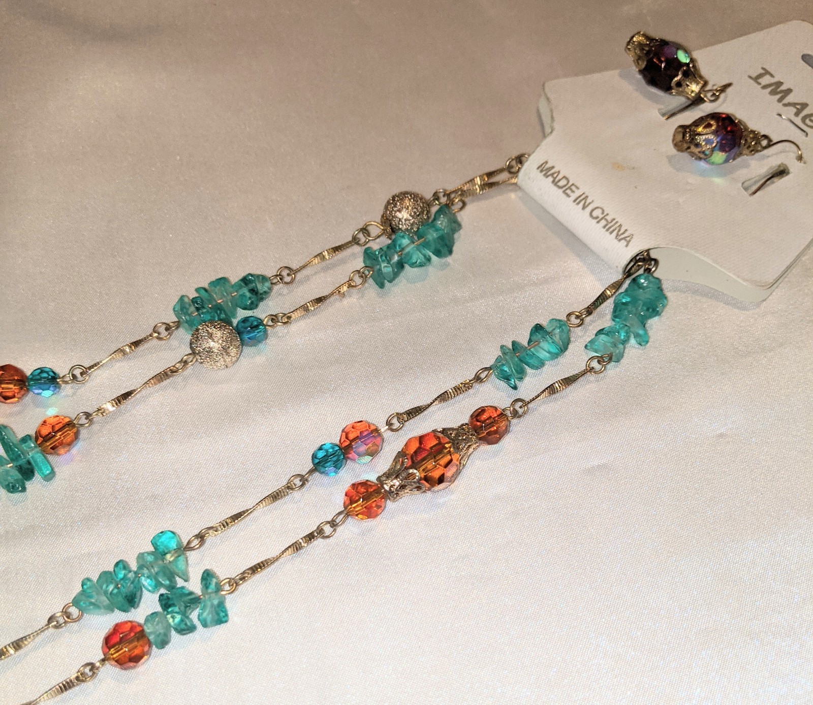 Vintage Bohemian Ethnic Long Necklace and Earrings Set AB Glass Beads Gold Tone