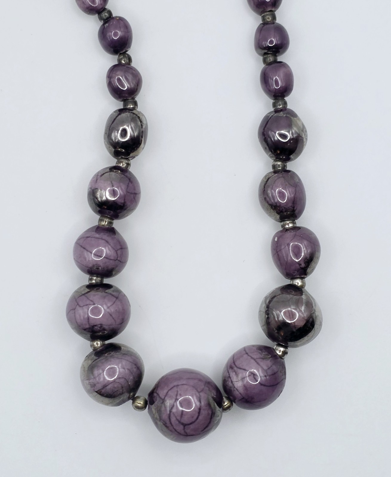 Vintage Sterling Silver Purple Ceramic Beaded Necklace 30″ Long Metallic