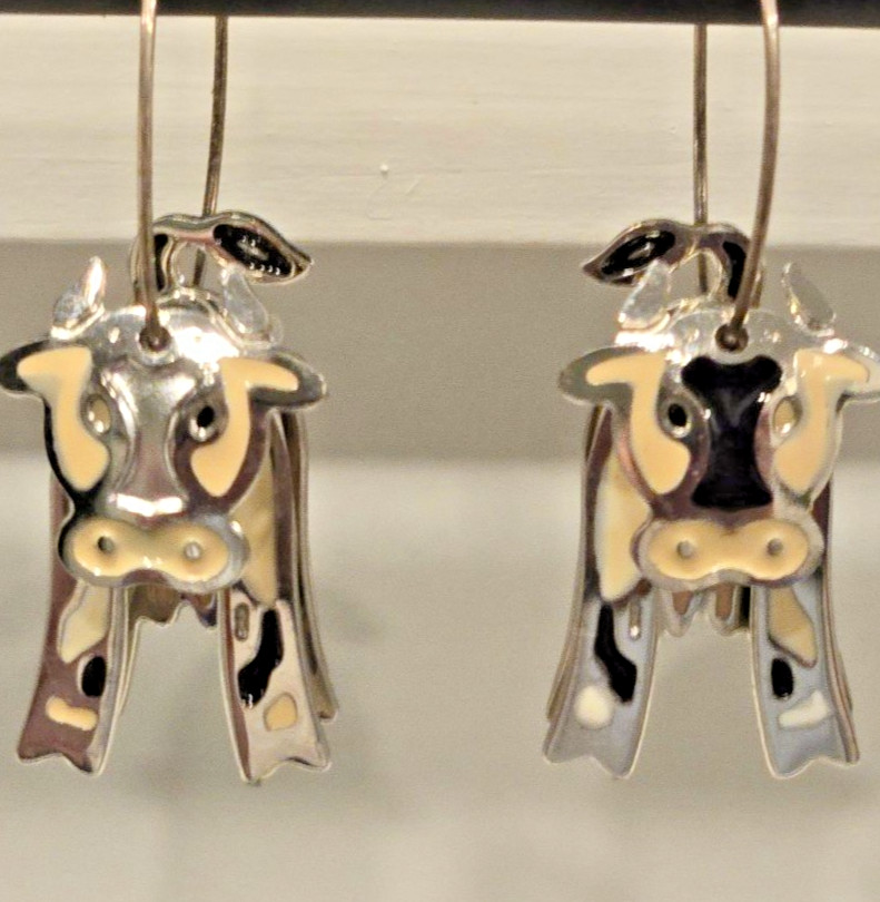 Funky Edgar Berebi Vintage Cow Enamel Earrings whimsical cloisonne style hoops