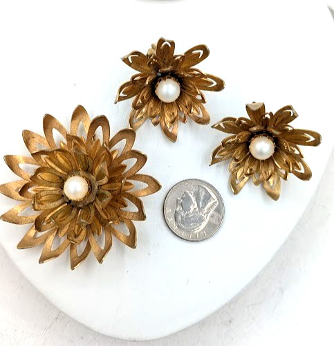 Vintage Flower Brooch Earrings Set EMMONS Gold Tone Faux Pearl Statement