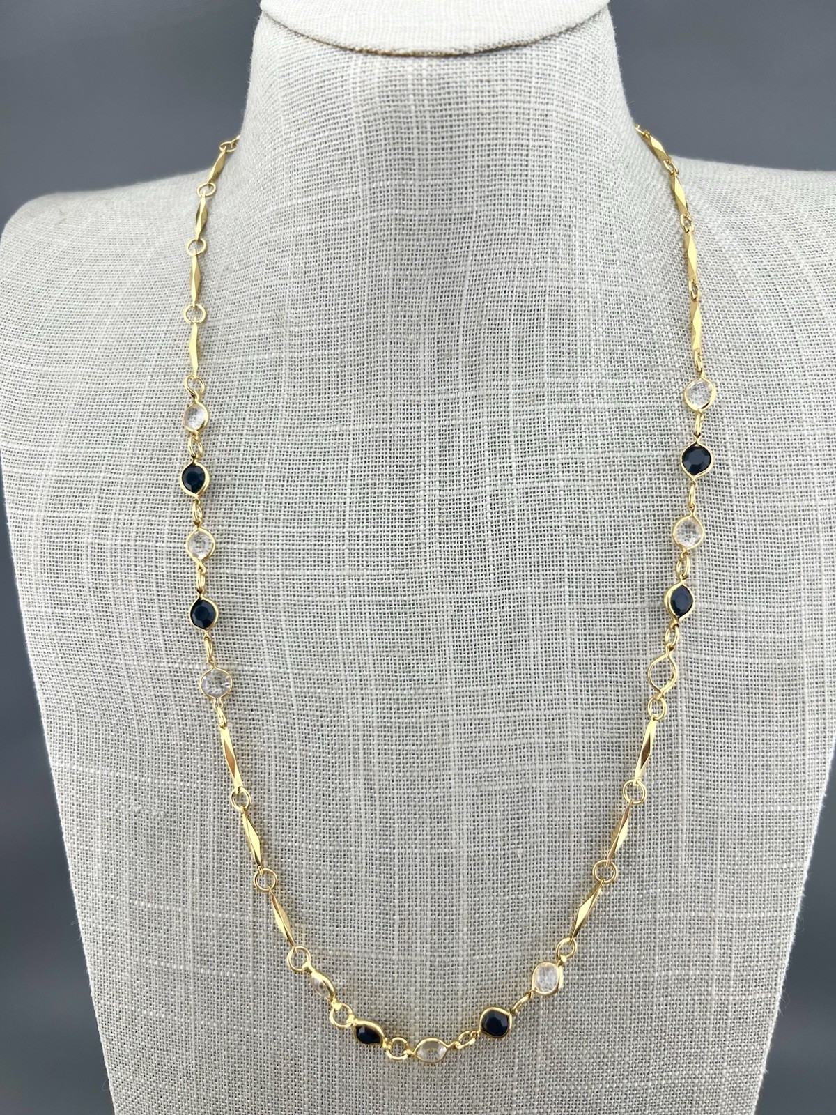 Vintage Chain Necklace Faceted Crystal Bezel Set Bar Link Gold Tone 23”