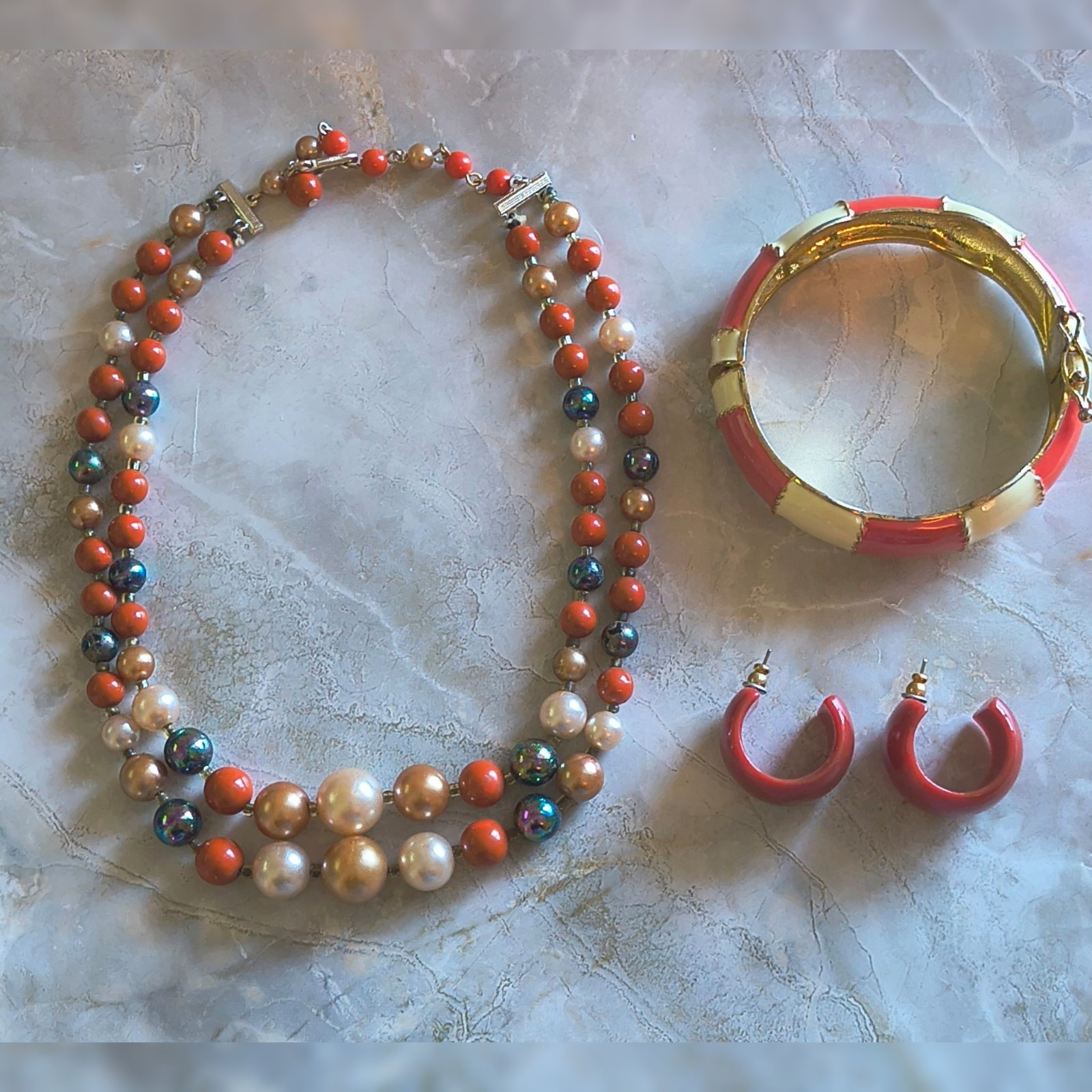 Vintage 60s Orange Jewelry Set Bead Necklace Lucite Earrings Clamper Bracelet
