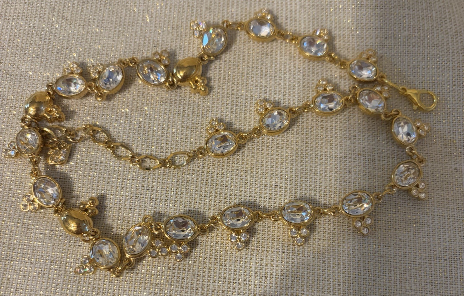 Vintage Swarovski Gold Clear Crystal Trefoil Station Link Necklace