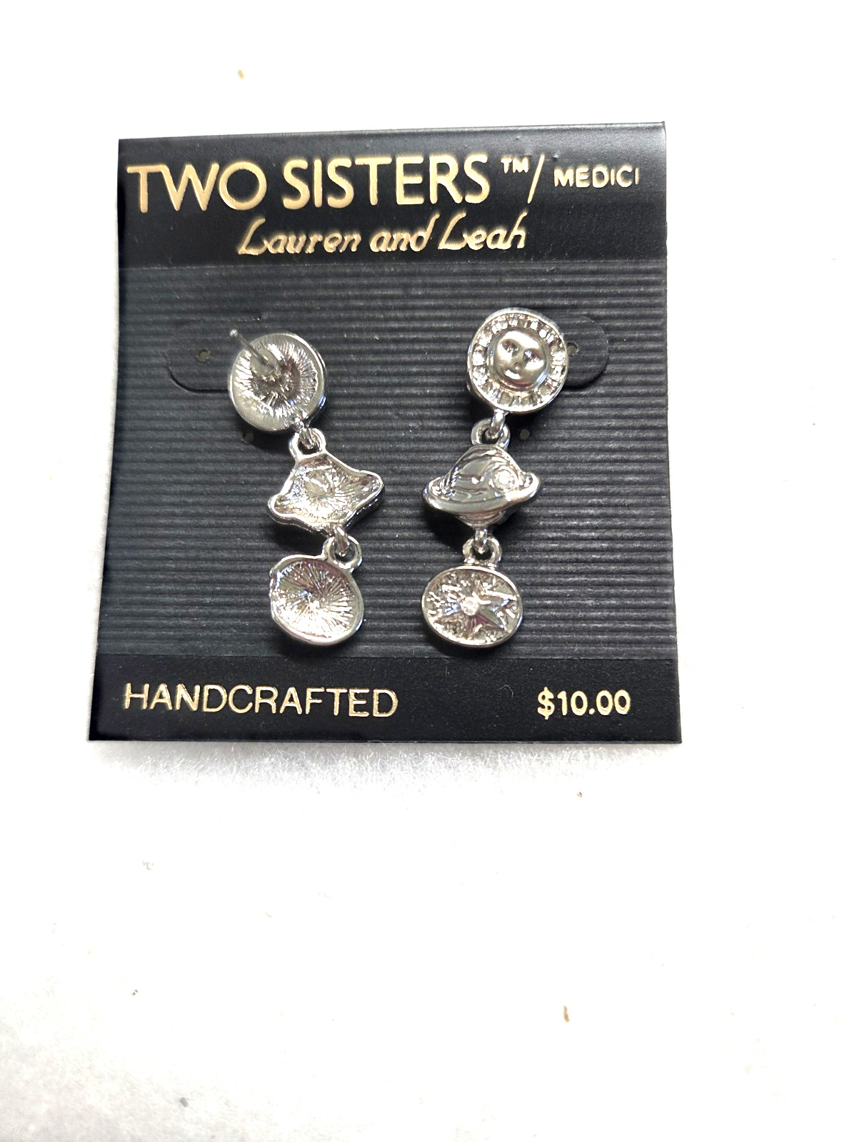 Vtg Two Sisters silver tone Sun world star rhinestone pierced Earrings