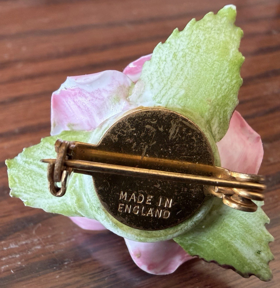 Vintage Porcelain Pink Rose Brooch Pin Made in England in Very Good Condition