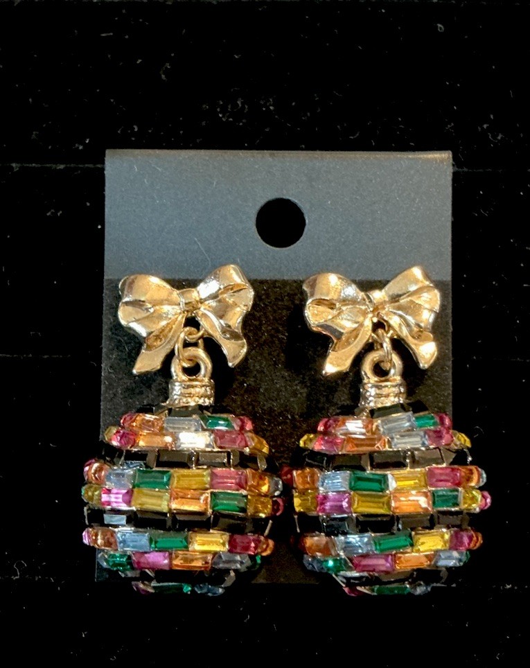 Vintage Glass Beaded Multi Color Gold Tone Holiday Ornament Drop Earrings-Rare!