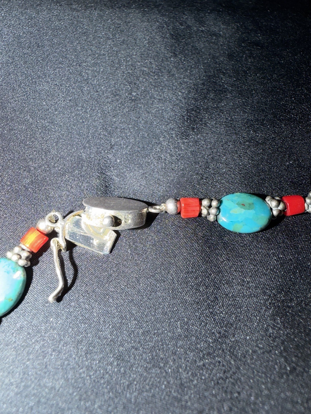 Vintage Turquoise And Natural Blood Red Coral & Pewter Silver 925 Clasp 16”