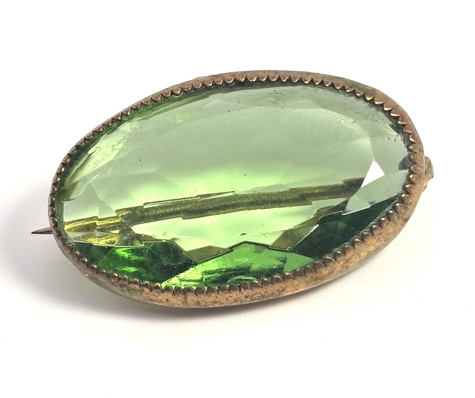 Victorian Bright green Czech glass stamped brass vintage brooch pin