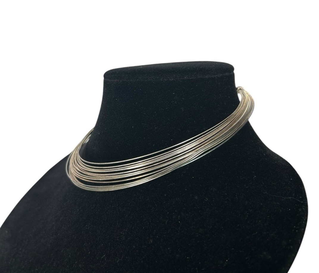 VTG Silver Tone Modernist Cleopatra Style Wire Choker Collar Statement Necklace