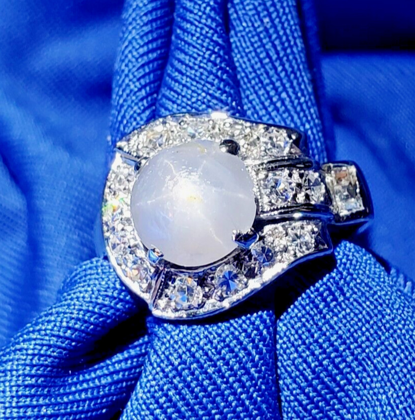 EARTH MINED STAR SAPPHIRE DIAMOND ART Deco Engagement Ring SOLID 14K WHITE GOLD