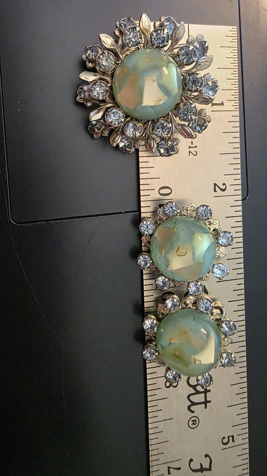 Vintage Cabochon Brooch Pin Earring Set Blue Green Artsy Stone Rhinestones