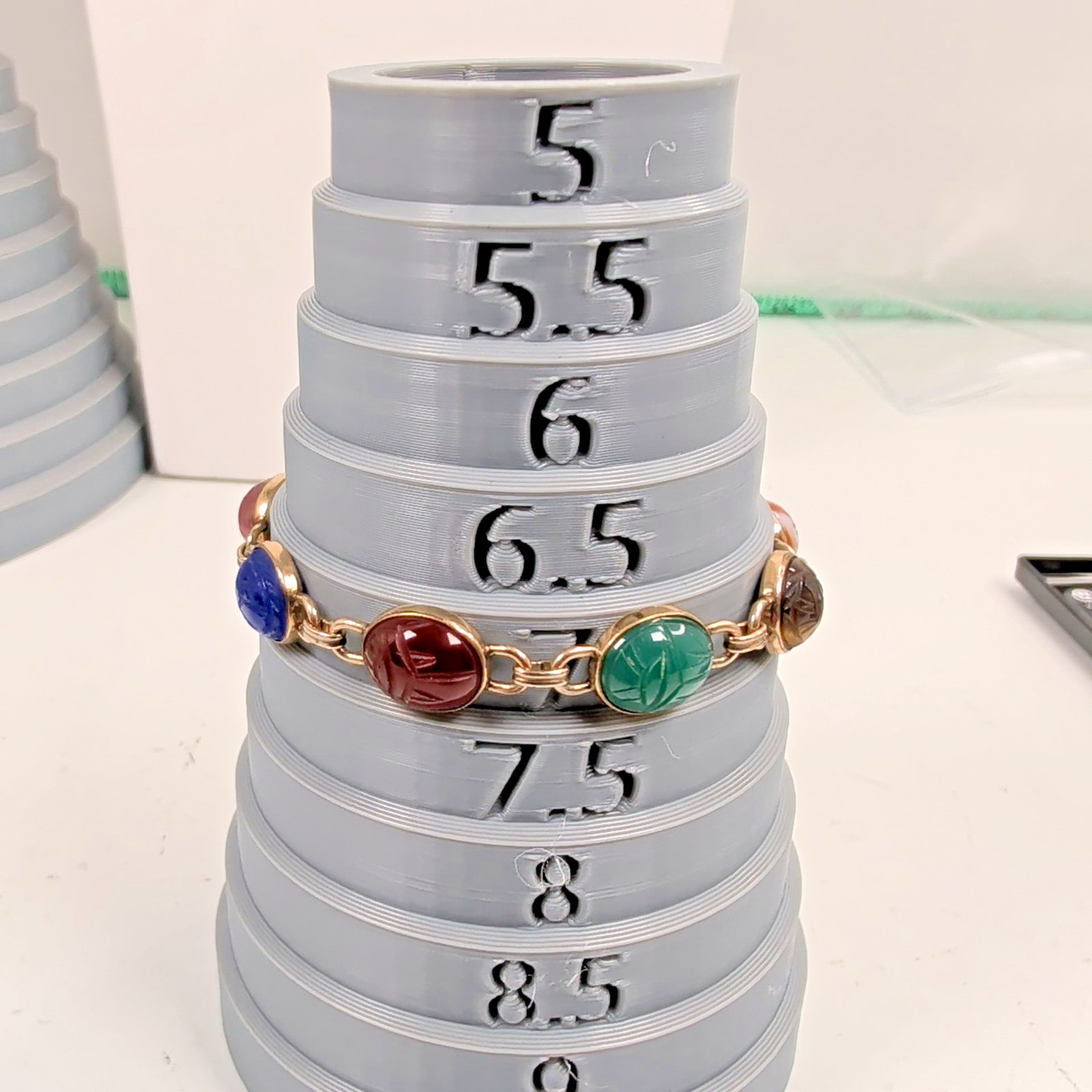 Vintage WRE 1/20 12K GF Gold Filled Multi Gemstone Carved Scarab Link Bracelet