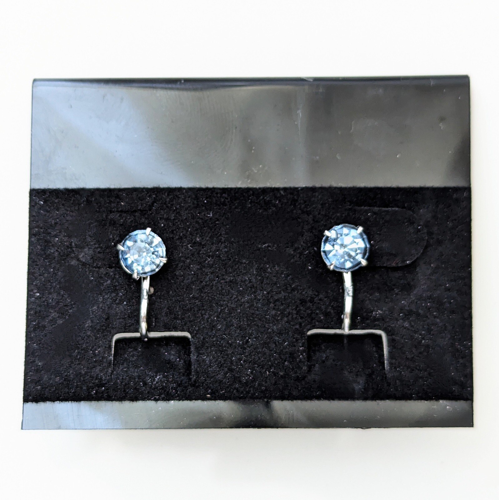 Vintage Blue Solitaire Rhinestone Earrings Screw Back Wedding Minimalist Jewelry