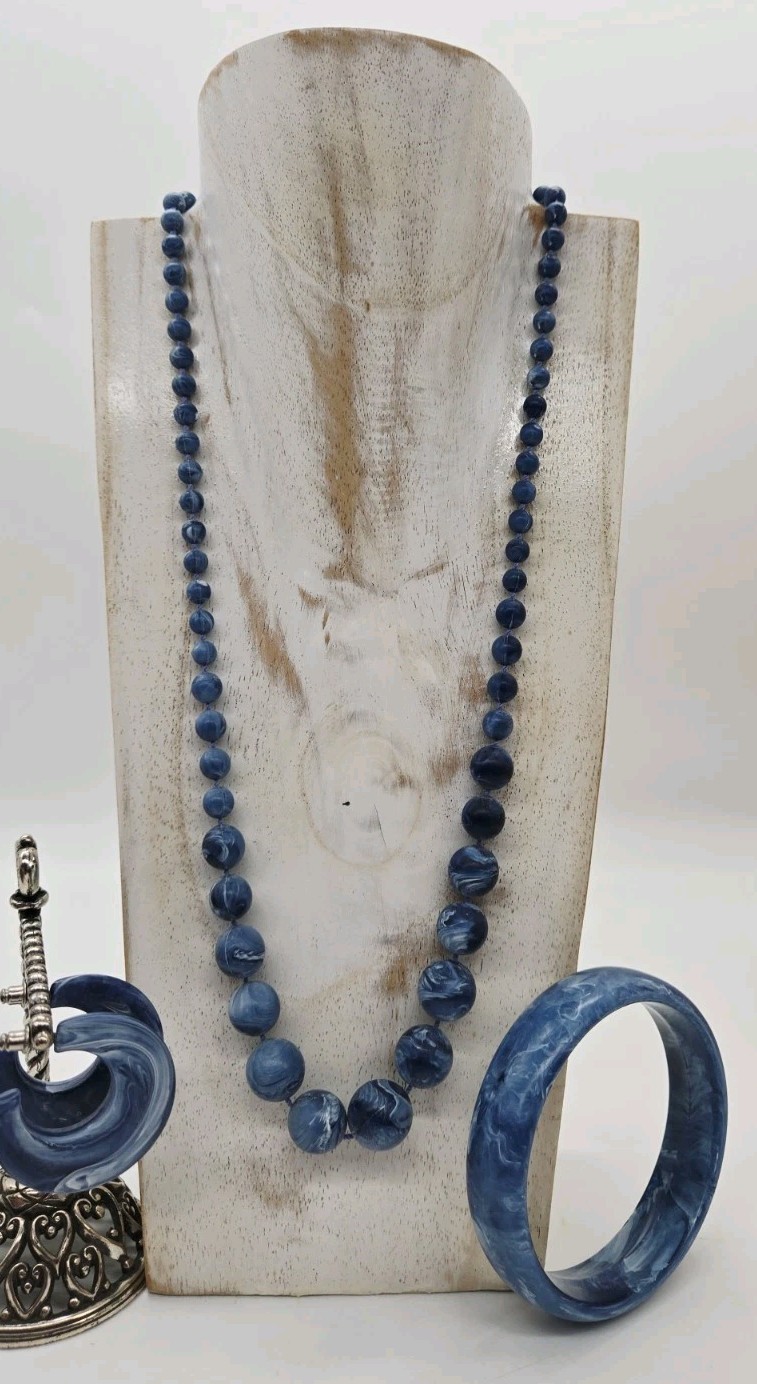 Denim Blue Marbled Jewelry Set Vintage Couture 3pc Necklace Bracelet Earrings