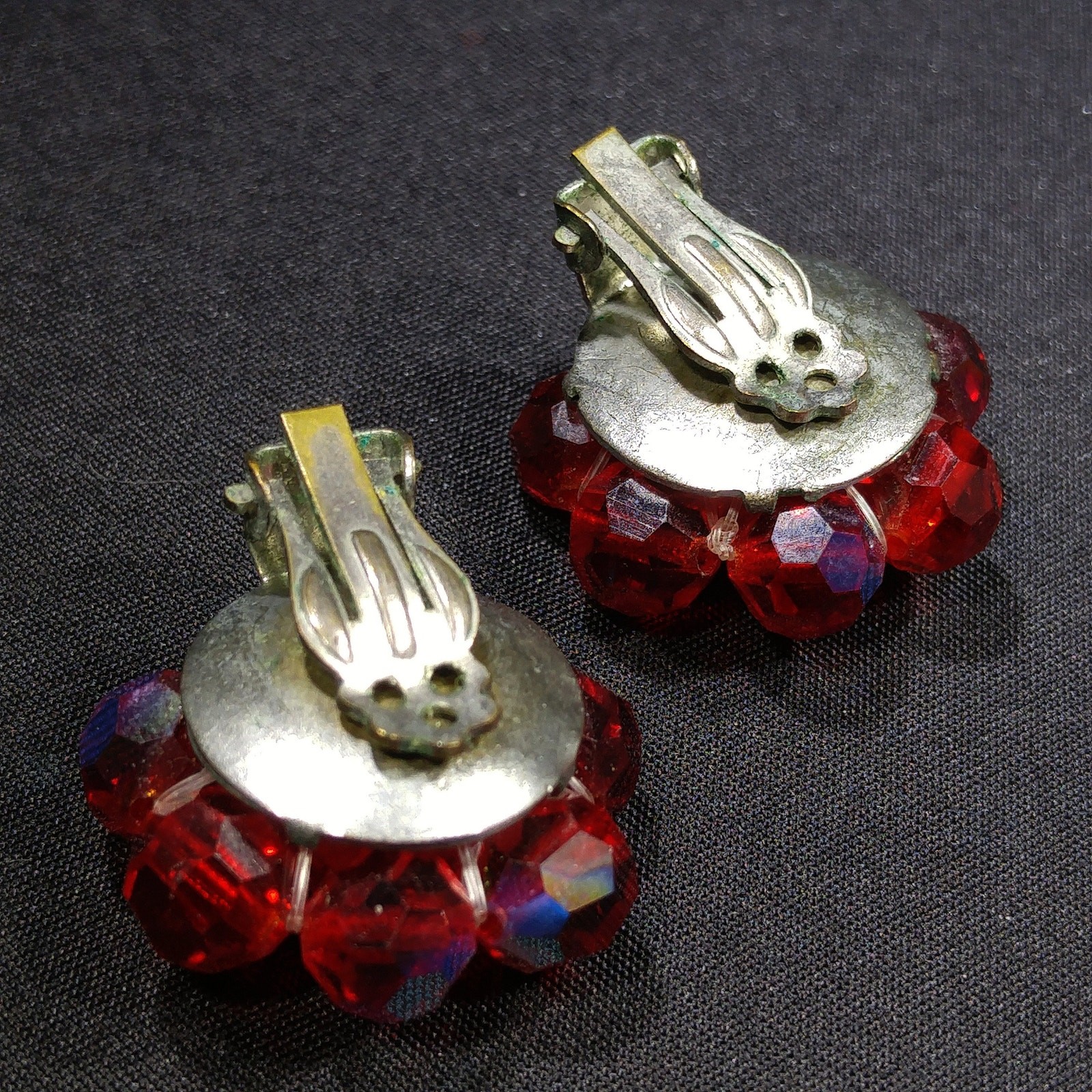 Vintage Czech Red Glass AB 3 Strand Necklace Earrings Set 1950s