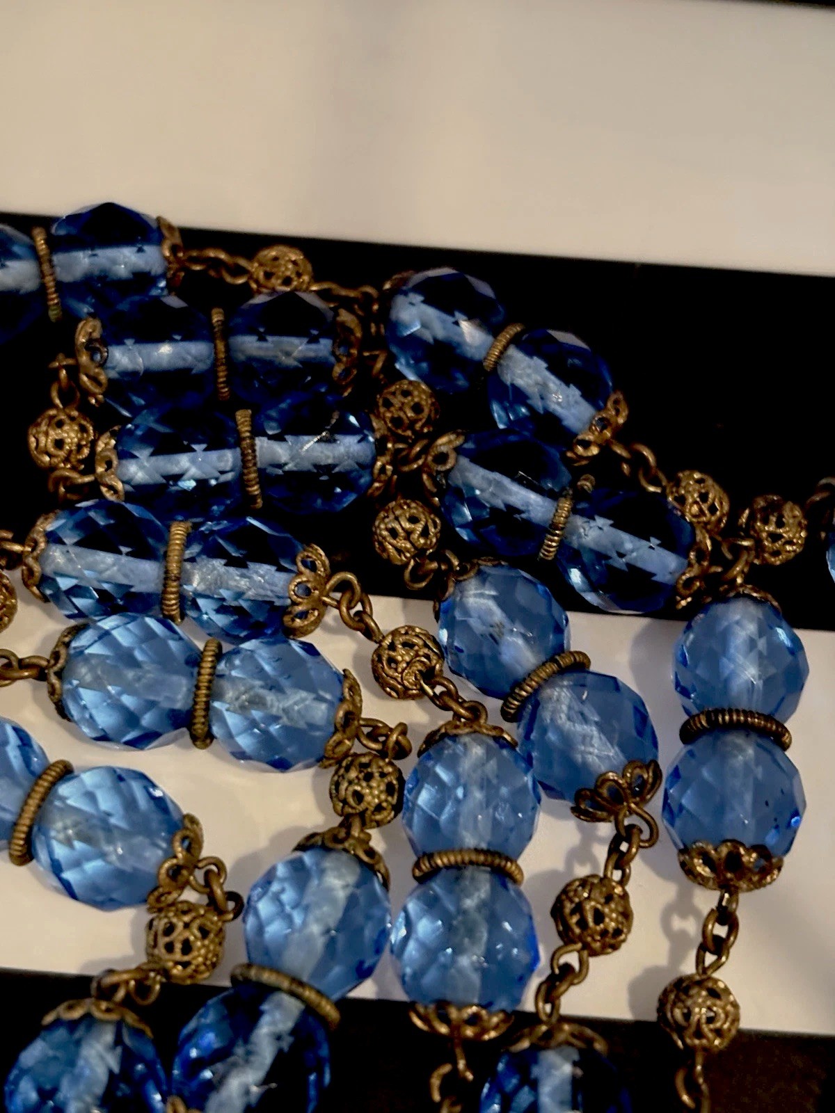 Antique Art Deco Blue Czech Glass & Brass Filigree 34 Inch Necklace 20s-30s