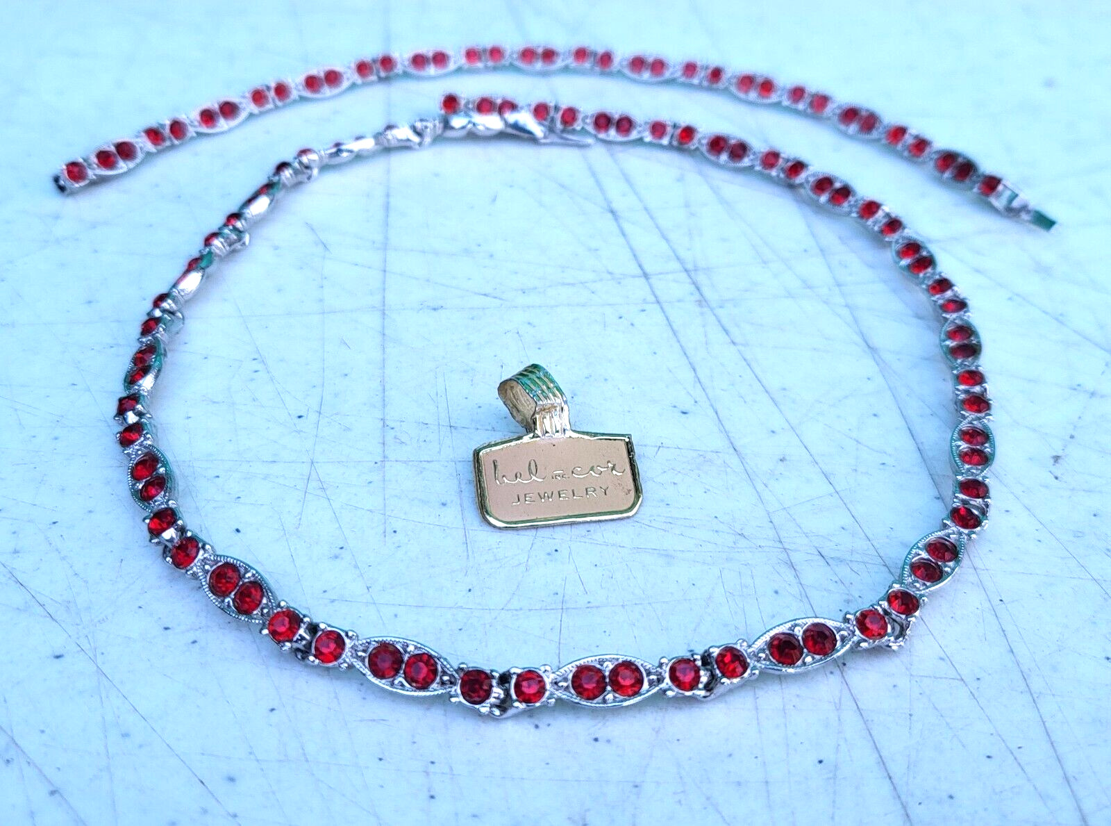 Red Rhinestone Rhodium Choker Necklace & Bracelet Set BEL-COR c1950s NOS Unused