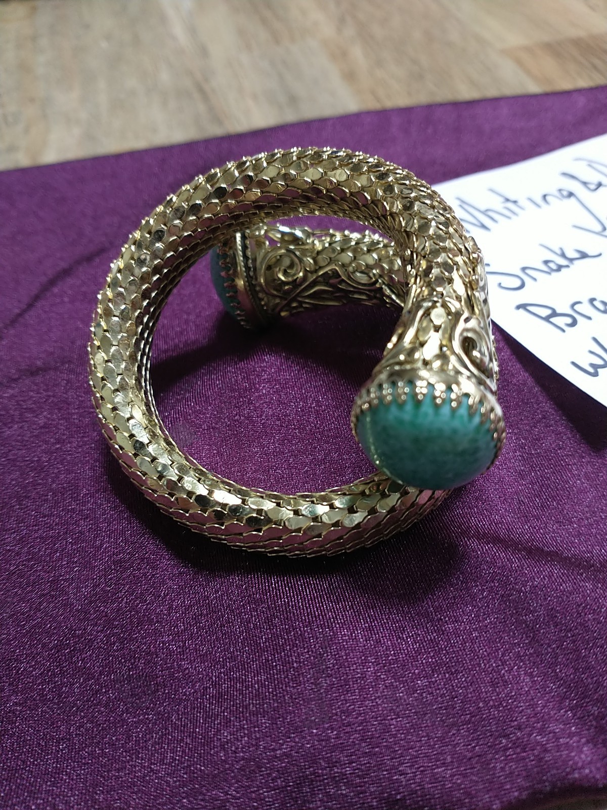 VINTAGE WHITING & DAVIS Mesh Snake Wrap Bracelet Green Peking Glass Cabochon