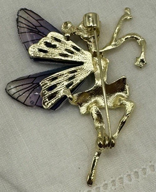 Ballerina W Purple Wings Clear Rhinestone Dress Gold Tone Body Magic Wand Brooch