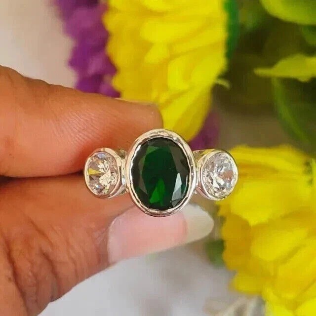 Art Deco Style 3-Stone 2Ct Oval Lab Created Emerald Engagement 925 Silver Ring