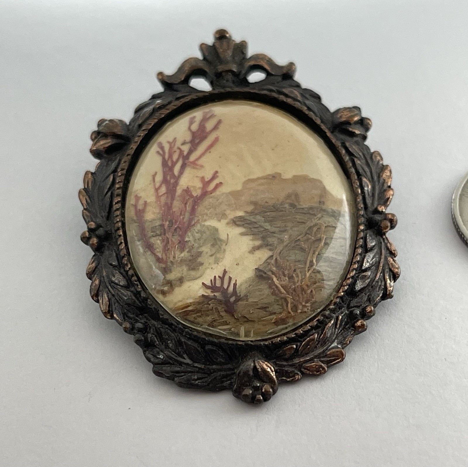Vintage W. Australia Bark Painting Collage Landscape Copper Color Brooch Pendant