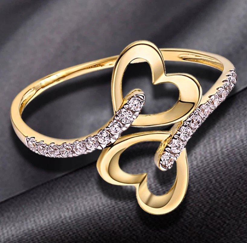 0.30TCW Round Cut White Moissanite Double Heart Shaped Ring In 10K Yellow GoldFN