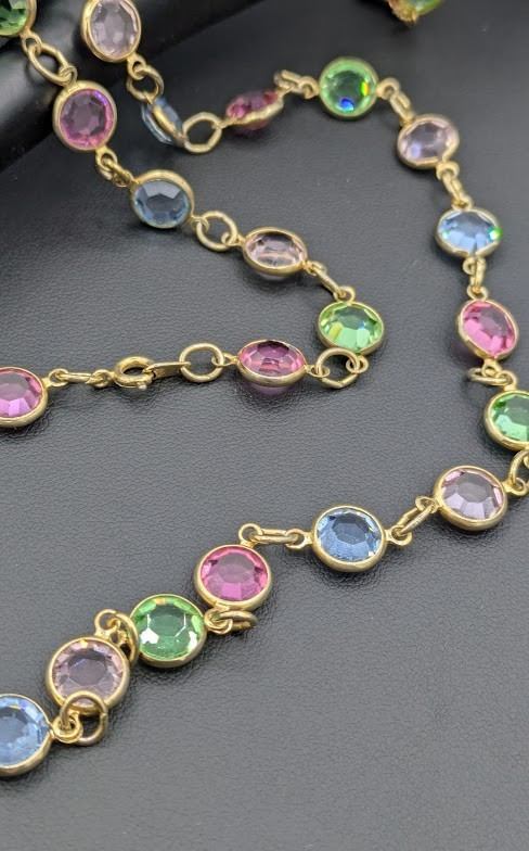 Vintage Open Bezel Crystal Set Necklace & Bracelet Glass UV Glow
